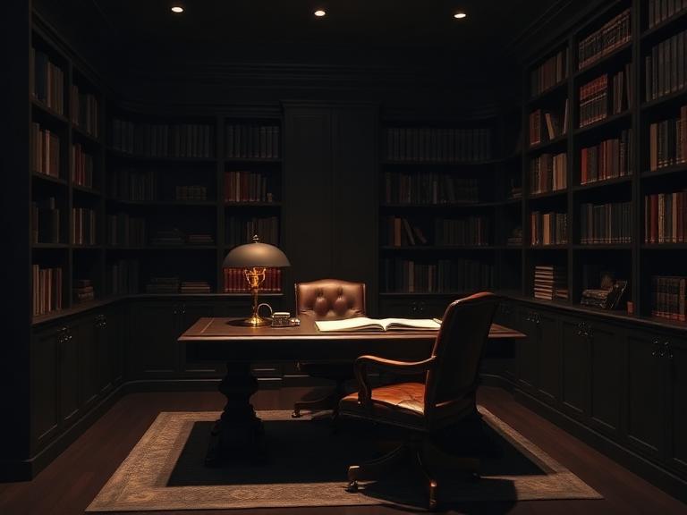 Escritório com biblioteca e mesa organizada