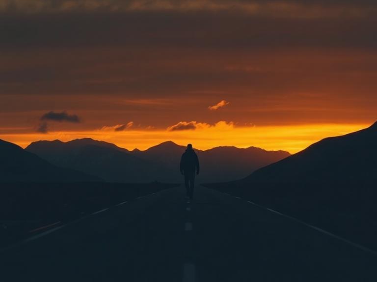 Silhueta caminhando em estrada ao amanhecer