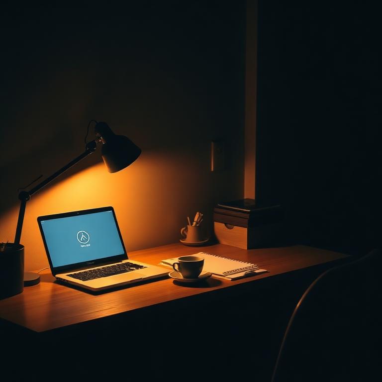 Mesa de escritório com luminária e laptop