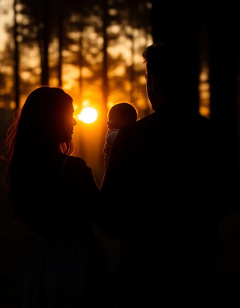 Silhueta de família ao pôr do sol em meio à floresta