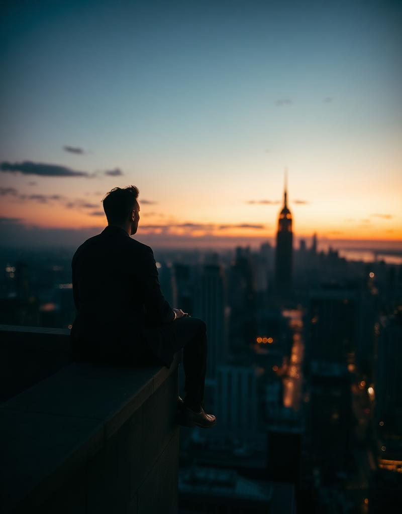 Homem sentado em rooftop observando skyline urbano ao entardecer