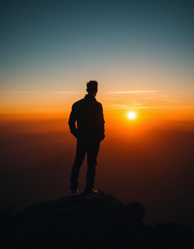 Homem em pé no topo de montanha com horizonte dourado