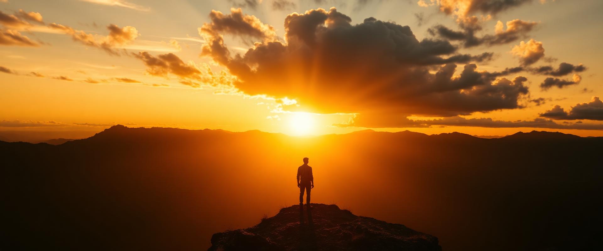 Silhueta masculina no topo de montanha contemplando horizonte ao pôr do sol
