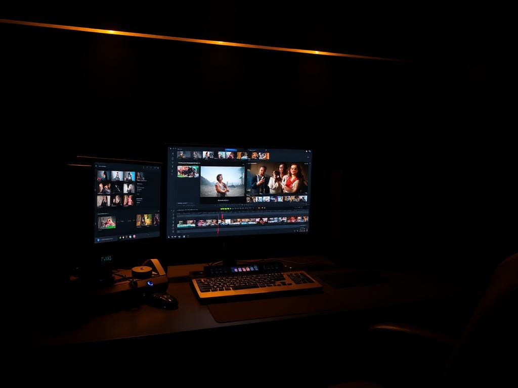 Estação de edição de vídeo com timeline em monitor amplo em sala escura