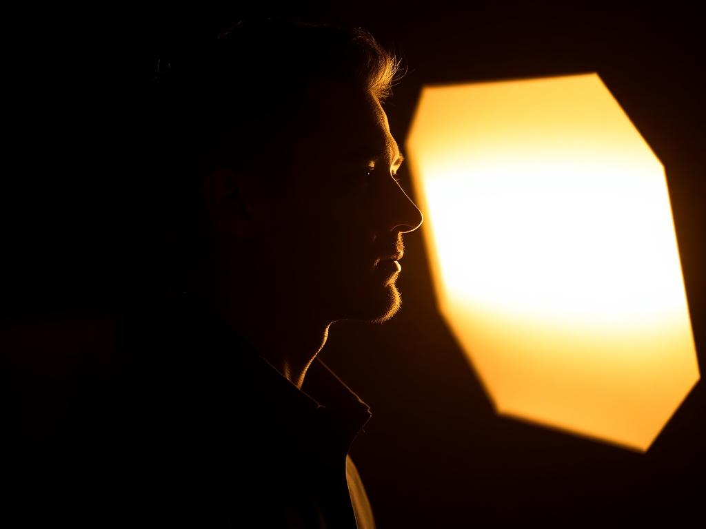 Silhueta masculina iluminada por softbox dourado em estúdio escuro