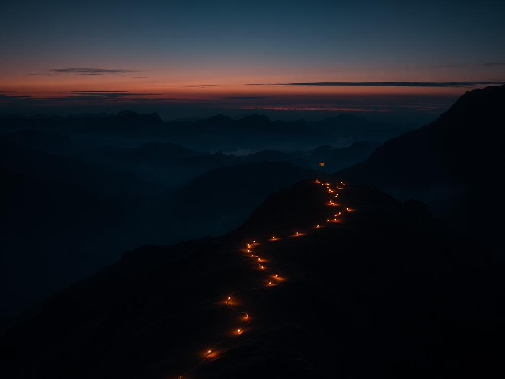 Caminho iluminado em montanha levando a bandeira no topo