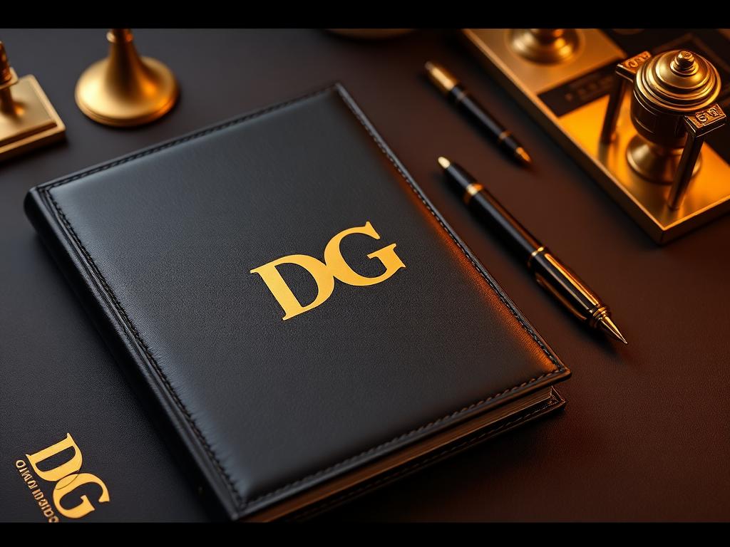 Caderno de couro preto com monograma dourado DG ao lado de caneta tinteiro