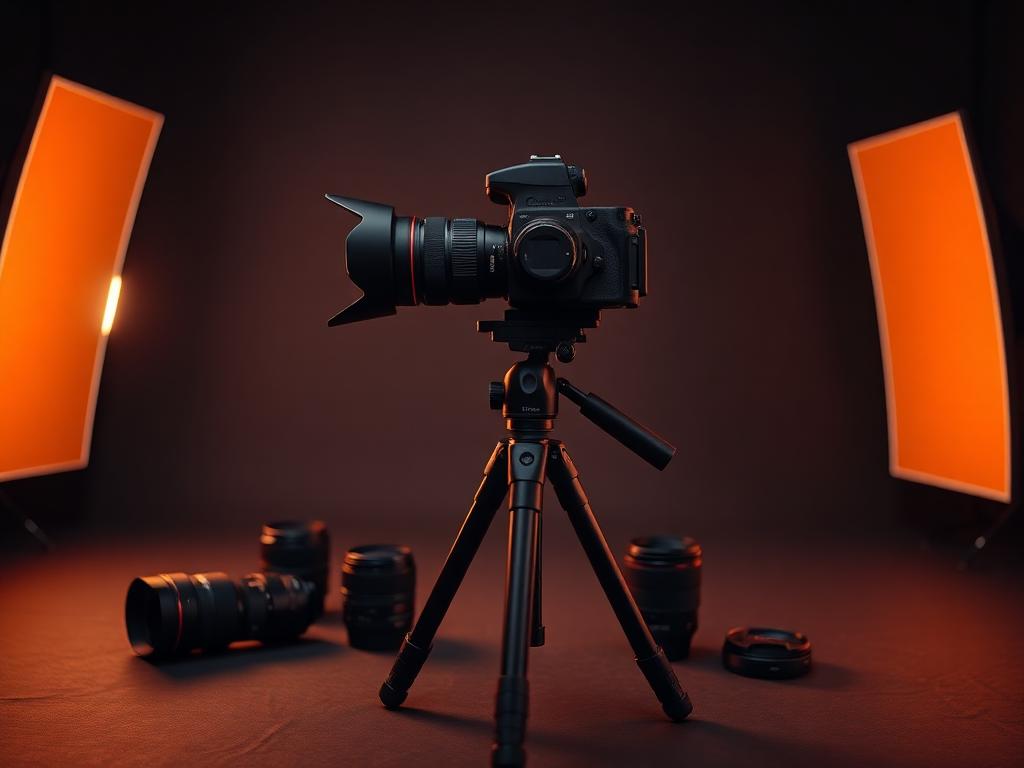 Câmera profissional em tripé com iluminação cinematográfica