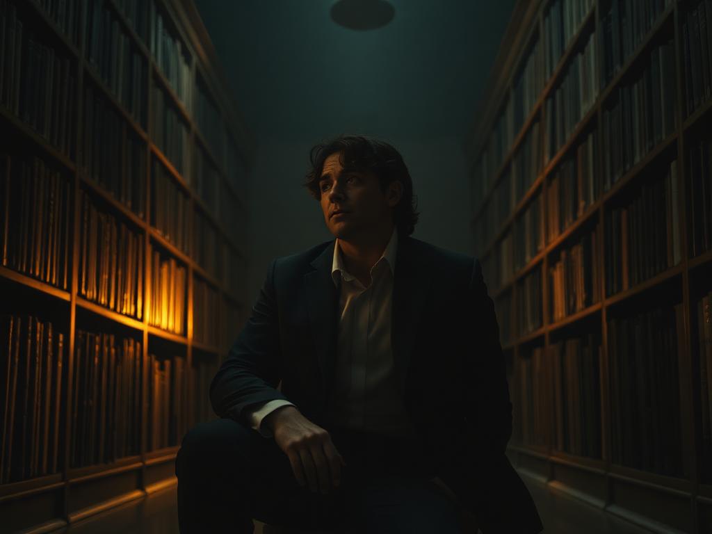 Homem contemplativo em biblioteca — autoridade com conexão