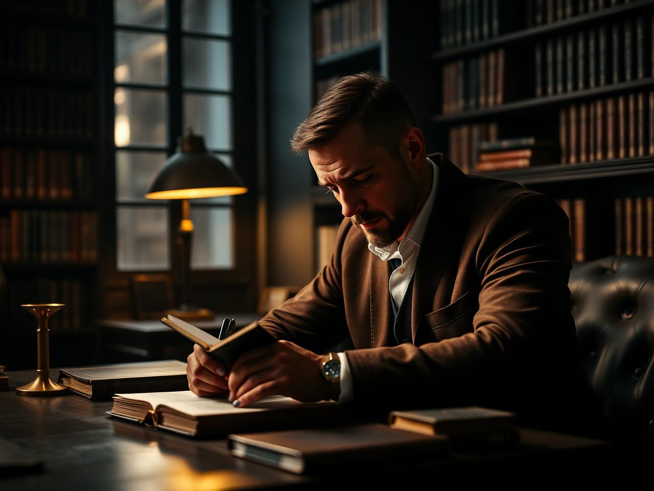 Homem em biblioteca escrevendo em diário, atmosfera de reflexão estratégica