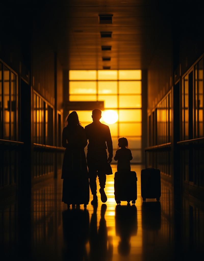 Silhueta de família caminhando com malas em aeroporto ao pôr do sol