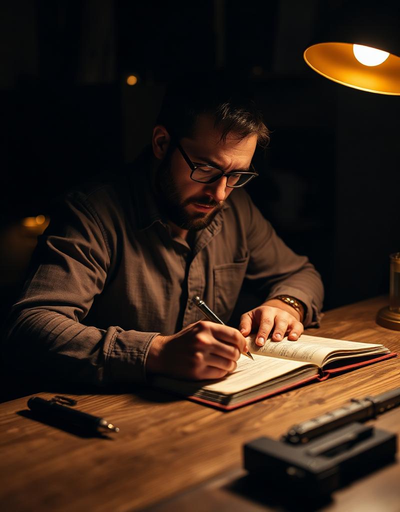 Homem escrevendo em caderno à luz quente de luminária em ambiente escuro
