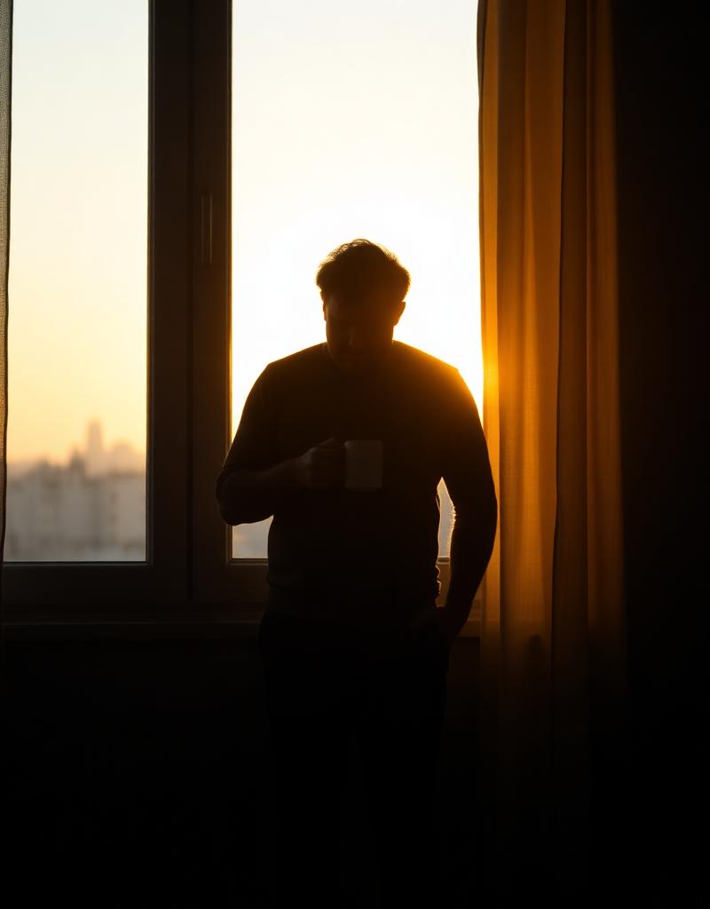 Homem cansado observando manhã pela janela com café na mão