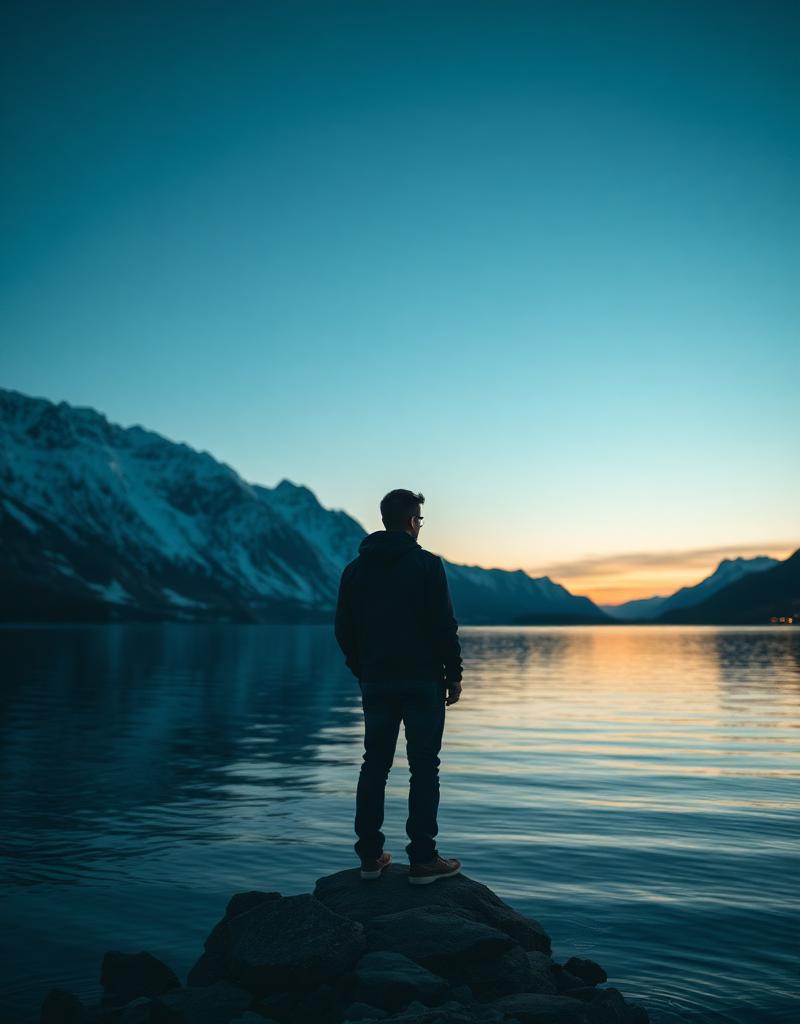Homem só diante de lago e montanhas no Canadá