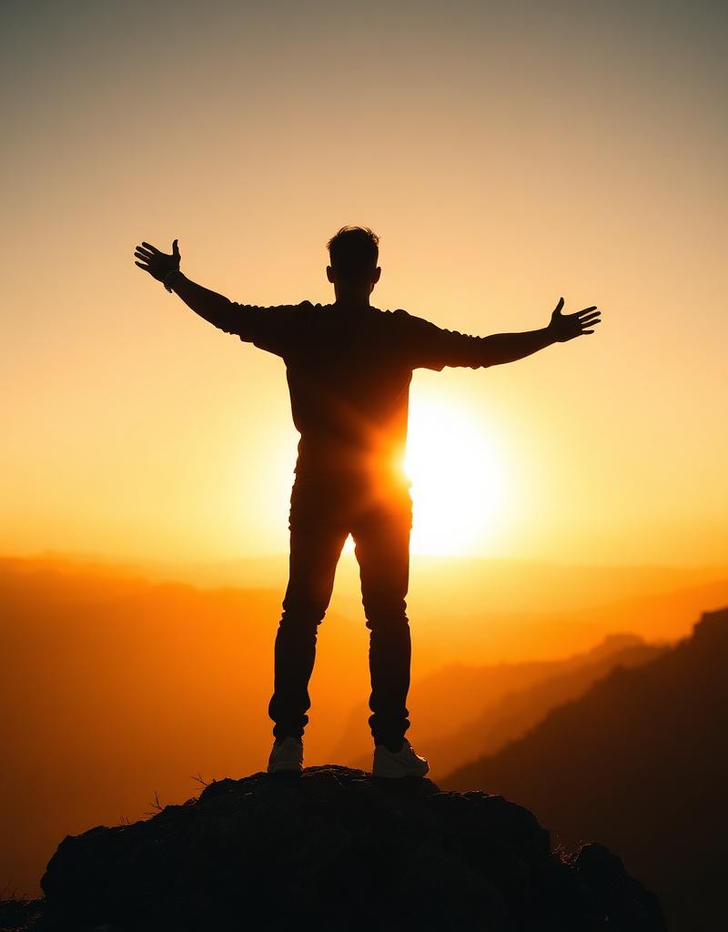 Silhueta de homem no topo de montanha diante do nascer do sol dourado