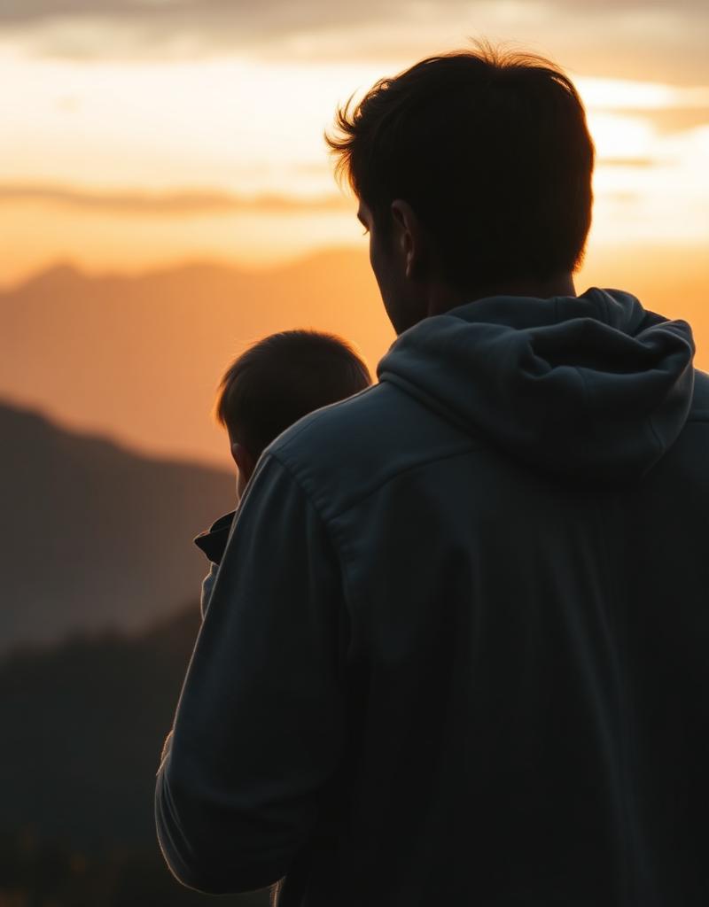 Pai e filho diante de montanhas ao amanhecer