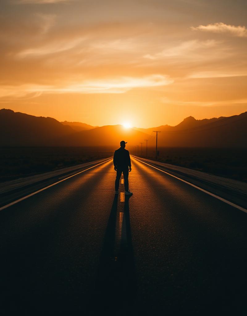 Silhueta de homem em estrada deserta ao pôr do sol em meio às montanhas