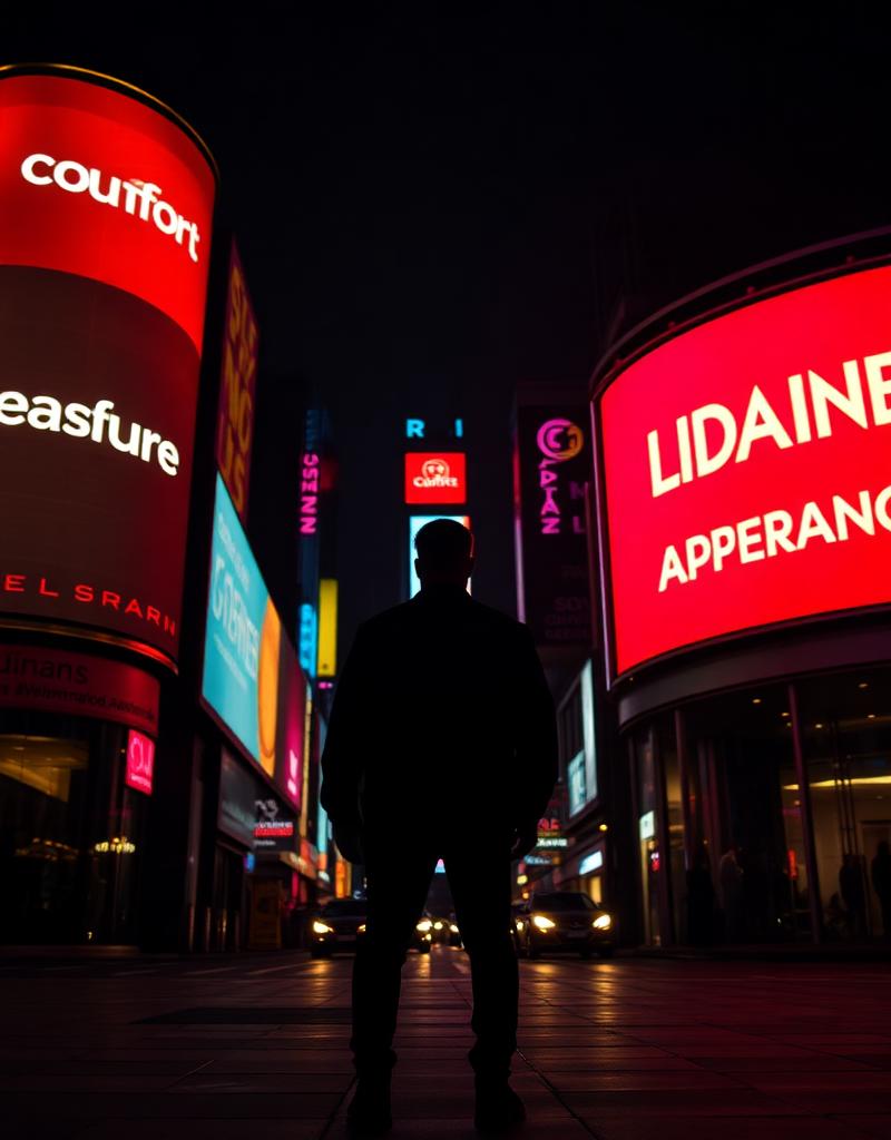 Silhueta de homem diante de outdoors gigantes em cidade noturna
