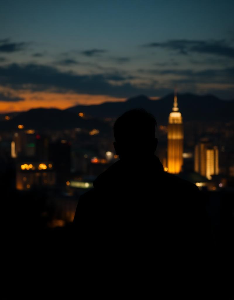 Homem observando skyline brasileira ao anoitecer