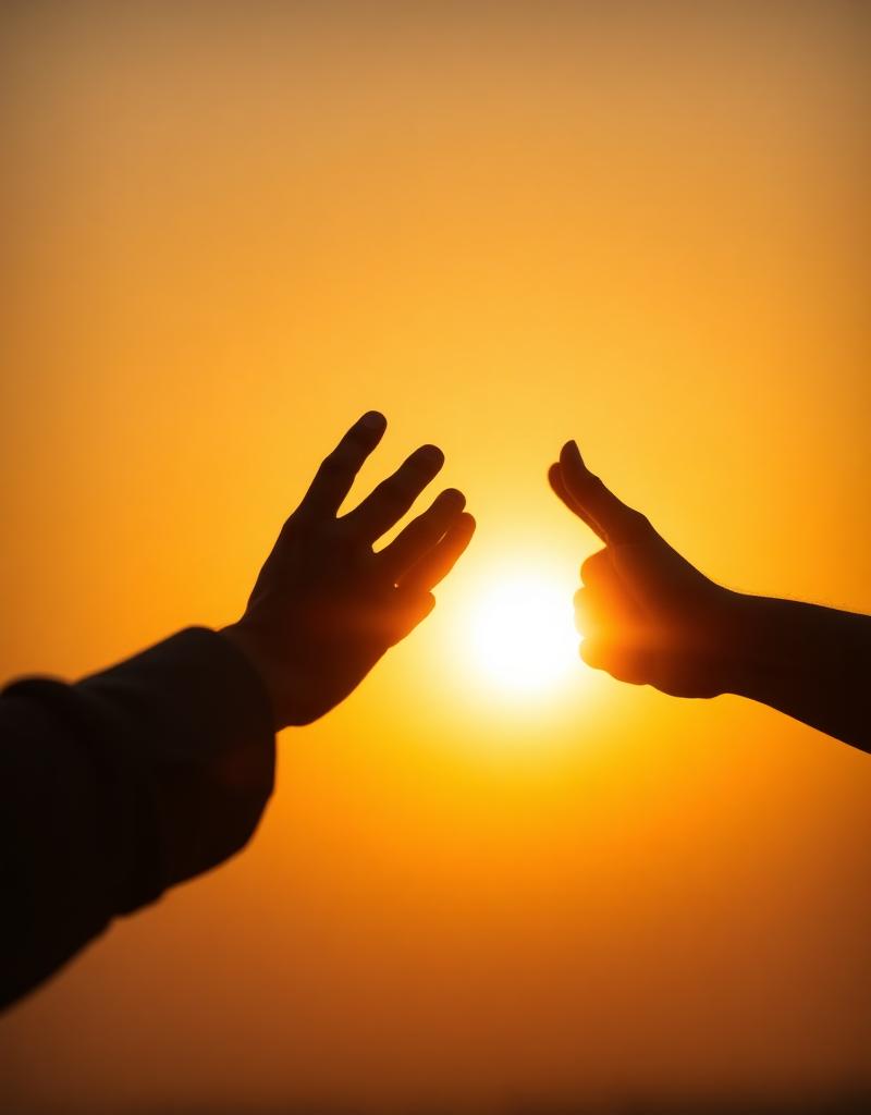 Duas mãos se aproximando contra céu dourado ao pôr do sol