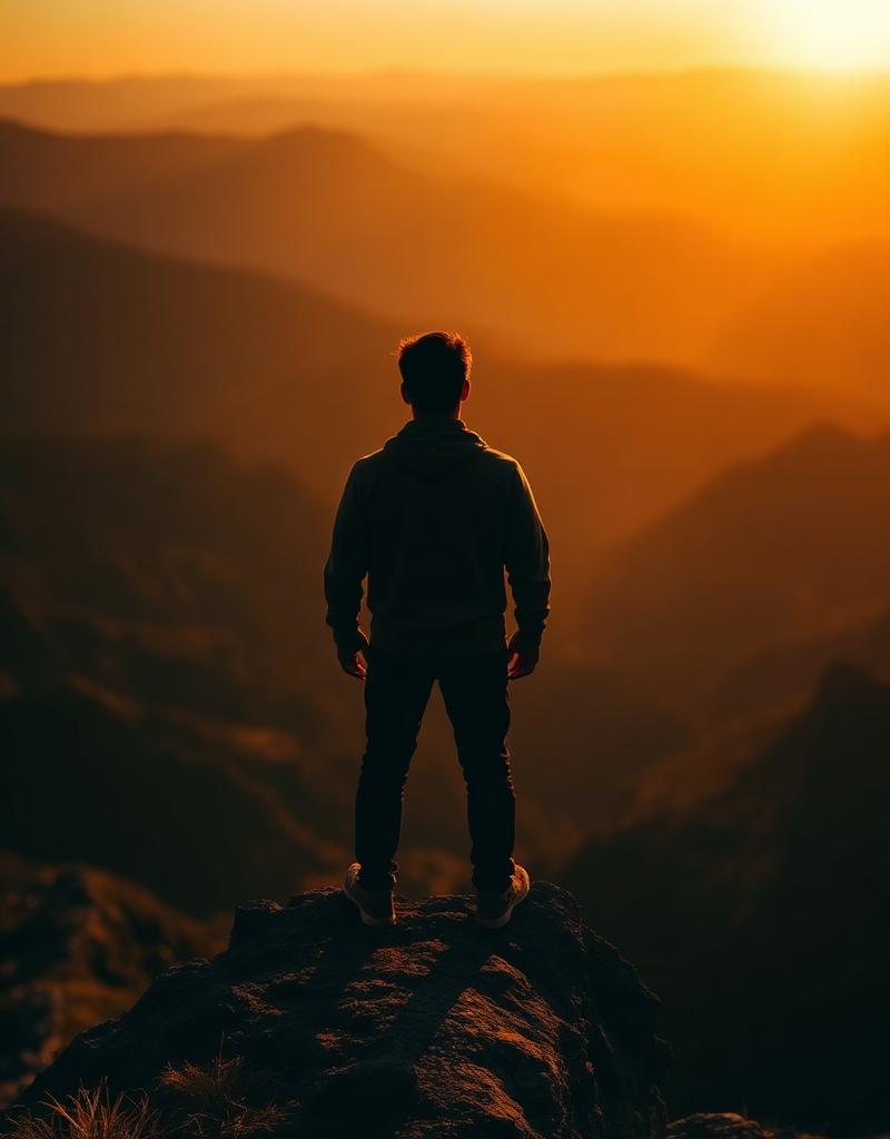 Homem de costas observando horizonte no topo de montanha ao pôr do sol