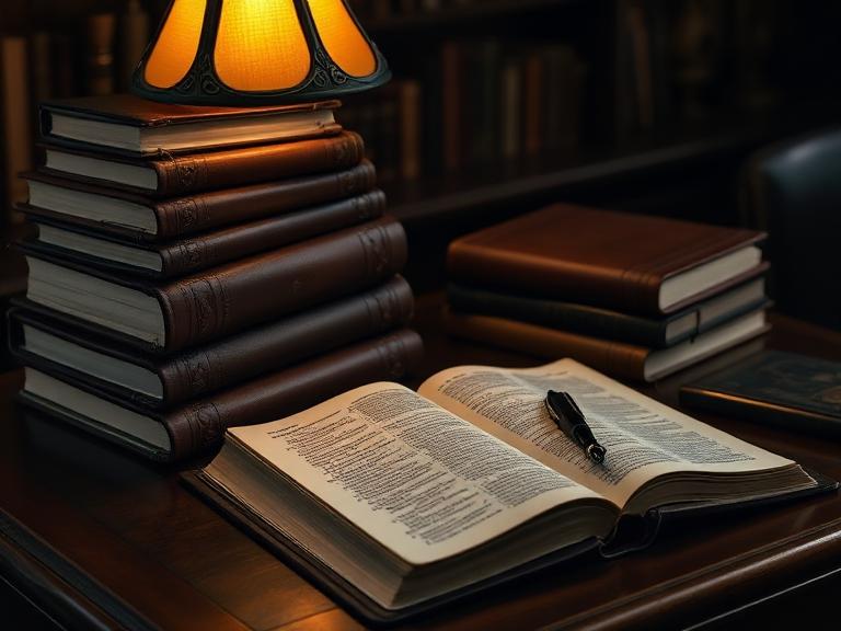 Livros, Bíblia e caderno sobre mesa organizada