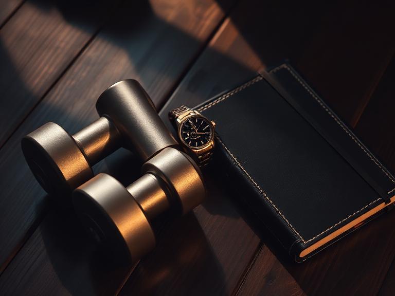 Halteres, relógio, livro e caderno